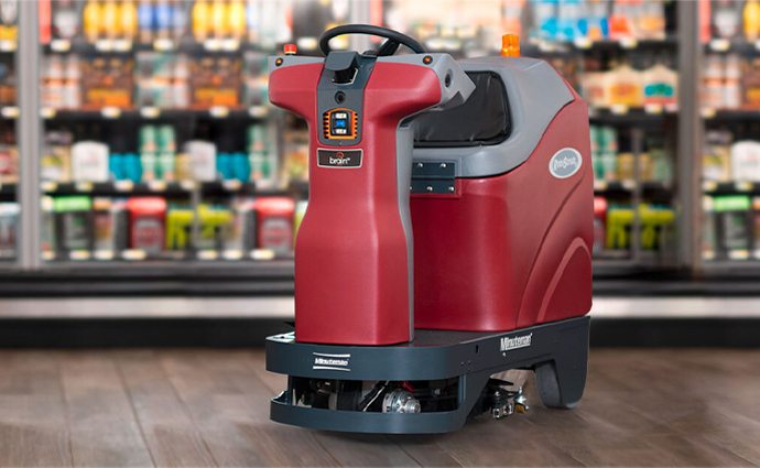 Autonome Reinigungsmaschine beim Einsatz in Supermarkt oder Einzelhandel.